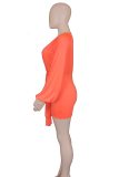 Tangerine Red Casual Solid Patchwork V Neck Pencil Skirt Dresses