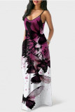 White Fashion Sexy Casual Print Backless Spaghetti Strap Long Dress