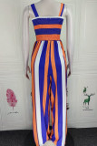 Dark Blue Sexy Casual Striped Patchwork Backless Square Collar Regular Jumpsuits (Without Belt)