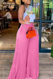 Pink Fashion Casual Solid Fold Regular High Waist Wide Leg Trousers