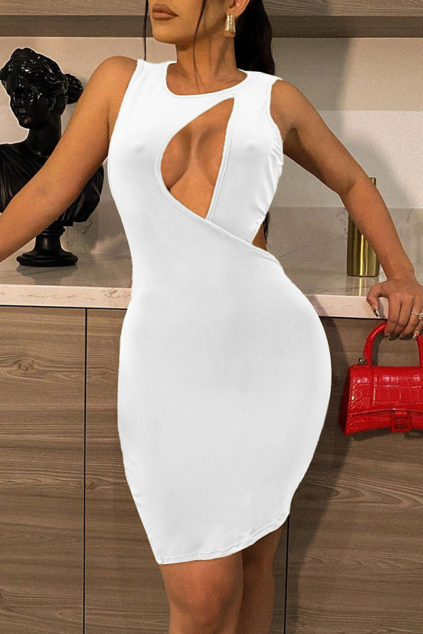 White Sexy Solid Hollowed Out Patchwork O Neck Pencil Skirt Dresses