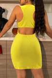 Yellow Sexy Solid Hollowed Out Patchwork O Neck Pencil Skirt Dresses