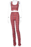 Red Sexy Plaid Patchwork O Neck Sleeveless Two Pieces