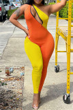 Red Black Sexy Casual Solid Patchwork Backless One Shoulder Skinny Jumpsuits