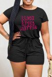 Rose Red Black Fashion Casual Print Basic O Neck Short Sleeve Regular Romper