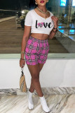Pink Casual Print Patchwork O Neck Short Sleeve Two Pieces