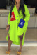 Fluorescent Green Fashion Street Print Patchwork Turndown Collar Irregular Dress Dresses