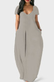 Grey Casual Solid Patchwork Pocket V Neck Short Sleeve Dress Dresses