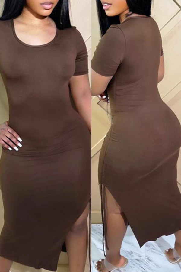 Brown Fashion Casual Solid Slit O Neck Short Sleeve Dress