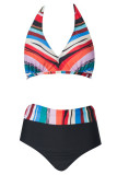 Multicolor Striped Print Bandage Patchwork Backless Halter Plus Size Swimwear (With Paddings)