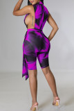 Yellow Sexy Print Patchwork Zipper Collar Skinny Rompers