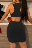 Yellow Sexy Solid Hollowed Out Patchwork O Neck Pencil Skirt Dresses