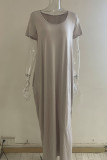Grey Casual Solid Patchwork Pocket V Neck Short Sleeve Dress Dresses