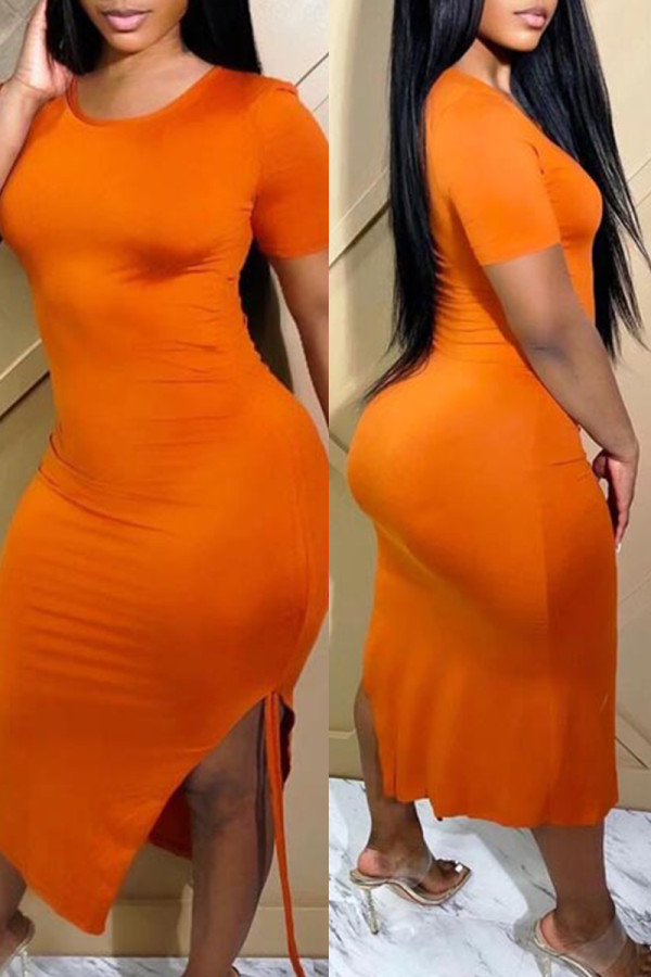 Yellow Fashion Casual Solid Slit O Neck Short Sleeve Dress