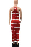 Burgundy Casual Striped Print Patchwork U Neck One Step Skirt Dresses