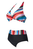 Multicolor Striped Print Bandage Patchwork Backless Halter Plus Size Swimwear (With Paddings)