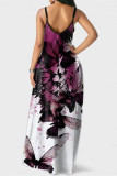 White Fashion Sexy Casual Print Backless Spaghetti Strap Long Dress