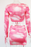 Pink Fashion Patchwork Tie-dye Off the Shoulder Long Sleeve Two Pieces