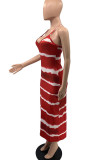 Red Casual Striped Print Patchwork U Neck One Step Skirt Dresses