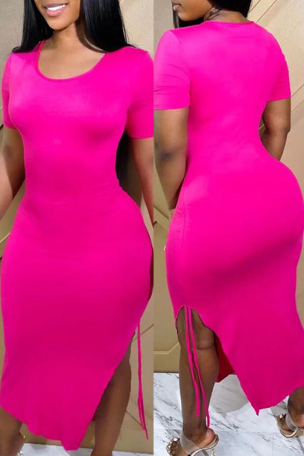 Fuchsia Fashion Casual Solid Slit O Neck Short Sleeve Dress