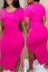 Fuchsia Fashion Casual Solid Slit O Neck Short Sleeve Dress