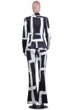 Black and white adult Fashion Casual Striped contrast color Print Two Piece Suits Loose Long Sleeve Two-p