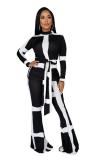 Black and white adult Fashion Casual Striped contrast color Print Two Piece Suits Loose Long Sleeve Two-p