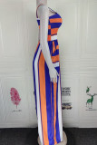 Dark Blue Sexy Casual Striped Patchwork Backless Square Collar Regular Jumpsuits (Without Belt)