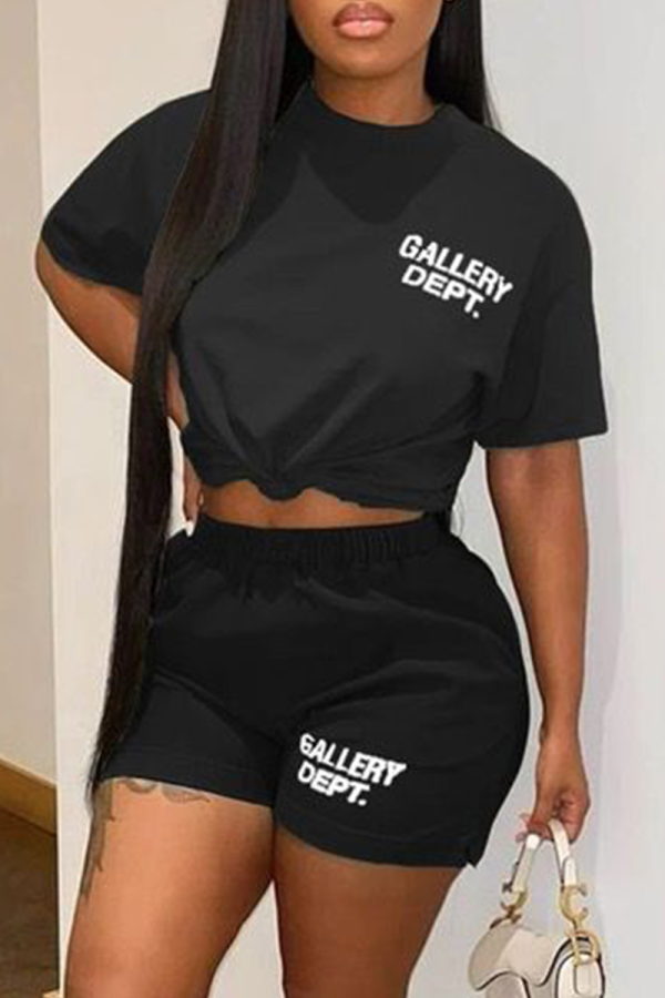 Black Casual Print Letter O Neck Short Sleeve Two Pieces