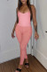 Pink Sexy Solid Patchwork See-through Spaghetti Strap Sleeveless Two Pieces