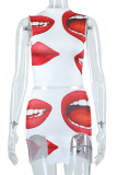 White Sexy Lips Printed Patchwork O Neck Sleeveless Two Pieces