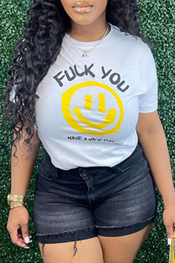 White Fashion Casual Print Basic O Neck T-Shirts