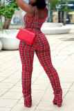 Red Sexy Plaid Patchwork O Neck Sleeveless Two Pieces