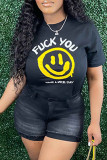 White Fashion Casual Print Basic O Neck T-Shirts