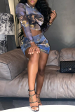 Colour Sexy Print Patchwork O Neck Long Sleeve Two Pieces