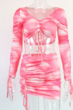Pink Fashion Patchwork Tie-dye Off the Shoulder Long Sleeve Two Pieces