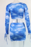 Pink Fashion Patchwork Tie-dye Off the Shoulder Long Sleeve Two Pieces