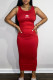 Red Fashion Celebrities Print Patchwork U Neck One Step Skirt Dresses