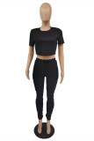 Red Fashion Casual Solid Basic O Neck Short Sleeve Two Pieces