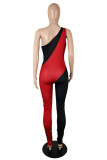 Red Black Sexy Casual Solid Patchwork Backless One Shoulder Skinny Jumpsuits