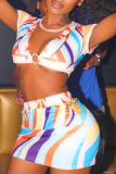 Colour Sexy Print Patchwork Turndown Collar Short Sleeve Two Pieces