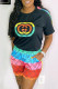 Black Fashion Casual Print Patchwork O Neck Short Sleeve Two Pieces