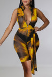 Yellow Sexy Print Patchwork Zipper Collar Skinny Rompers