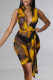 Yellow Sexy Print Patchwork Zipper Collar Skinny Rompers