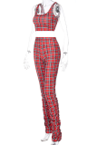 Red Sexy Plaid Patchwork O Neck Sleeveless Two Pieces