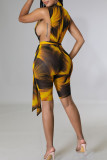 Yellow Sexy Print Patchwork Zipper Collar Skinny Rompers