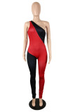 Red Black Sexy Casual Solid Patchwork Backless One Shoulder Skinny Jumpsuits