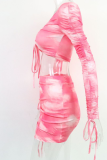 Pink Fashion Patchwork Tie-dye Off the Shoulder Long Sleeve Two Pieces