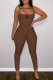 Coffee Fashion Sexy Print Letter Spaghetti Strap Jumpsuits