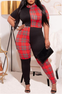Black Red Fashion Casual Plaid Print Split Joint Half A Turtleneck Plus Size Jumpsuits